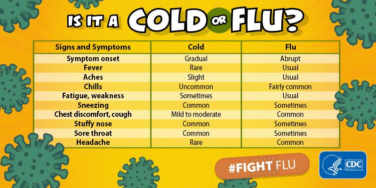 Chart showing the differences between cold and flu